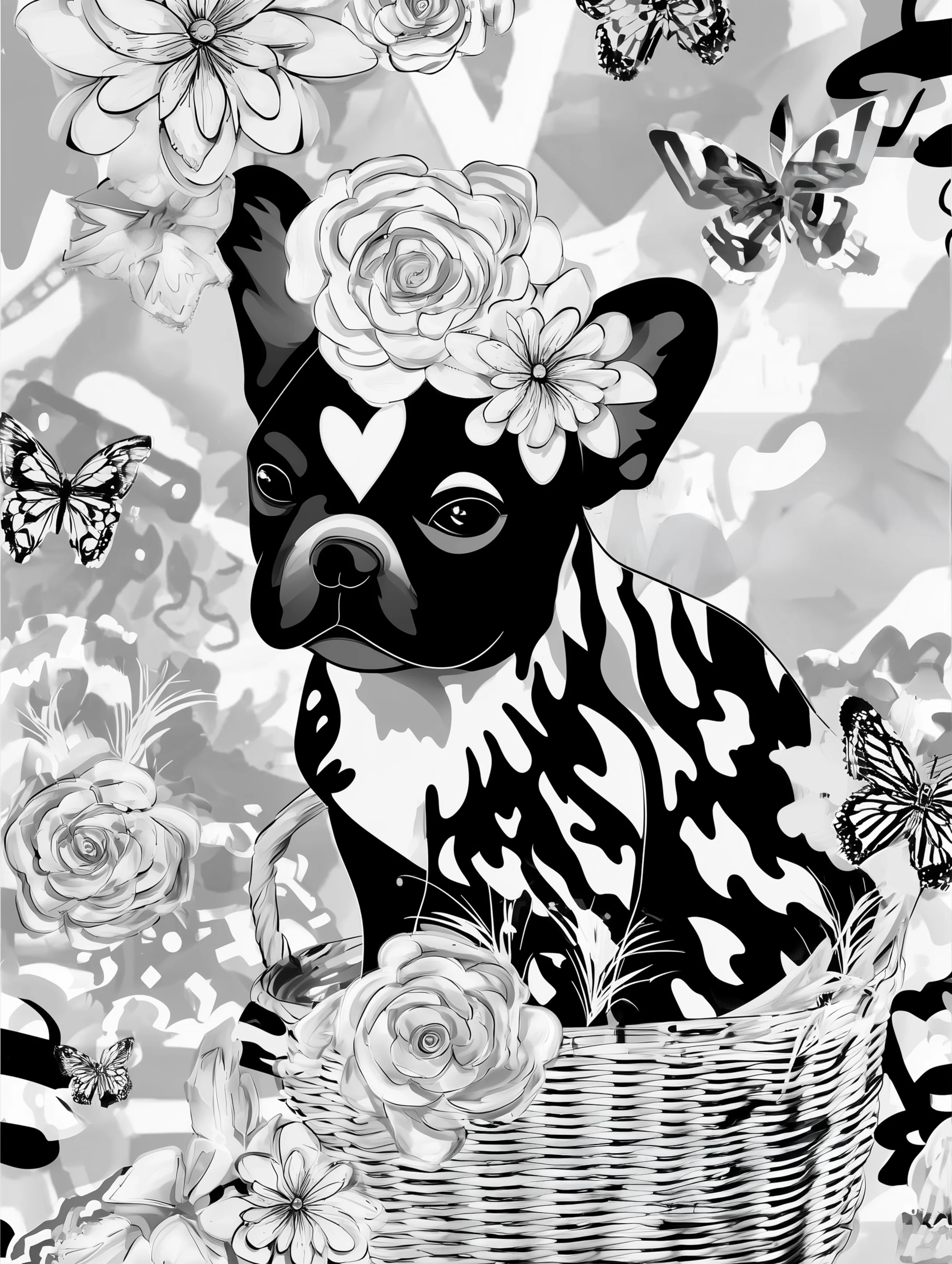 Free printable french bulldog coloring page featuring a heart face frenchie in a basket